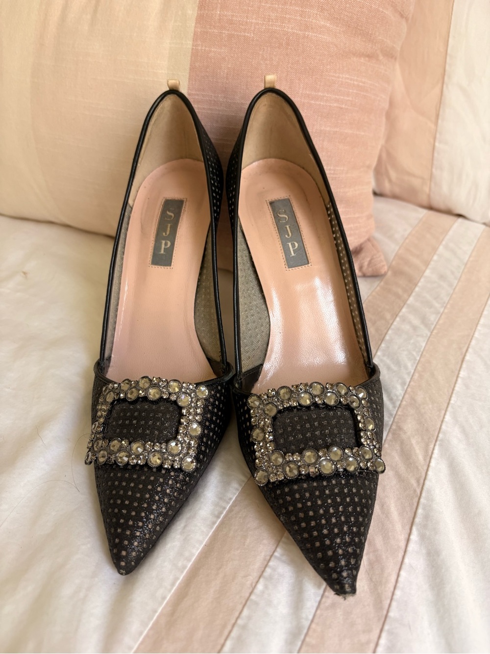 SJP Women's Black Pointed Toe Embellished Flats